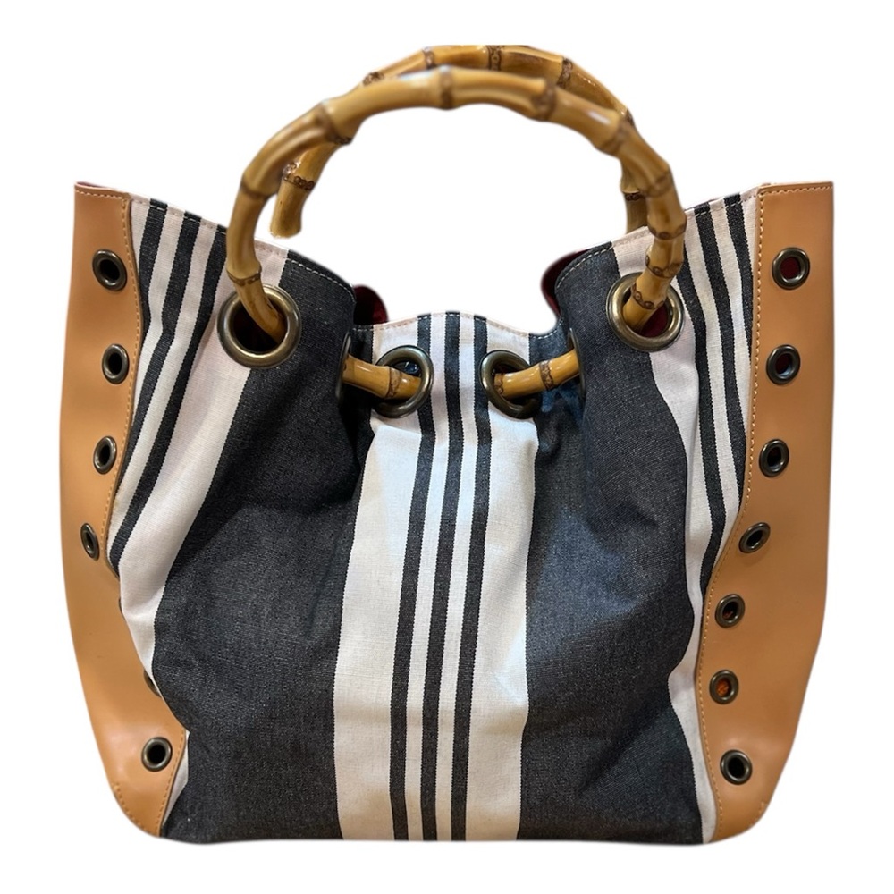 MAXX New York Black and Tan Tote Bag with Bamboo Handles